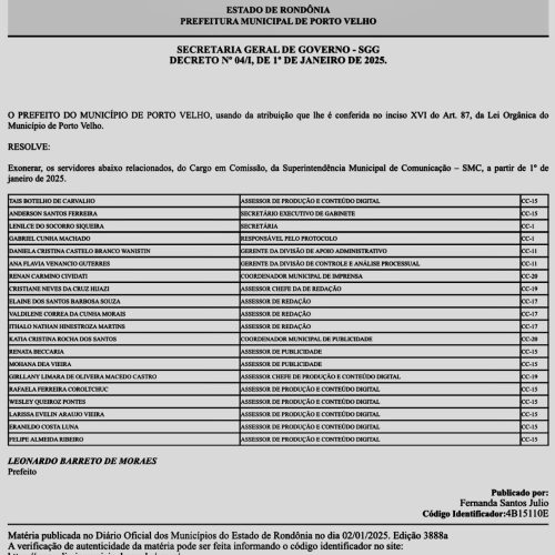 Léo Moraes inicia mudanças administrativas na prefeitura; exoneração em massa é publicada
