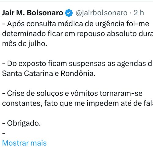Ex-presidente Jair Bolsonaro cancela agenda em Rondônia por orientação médica